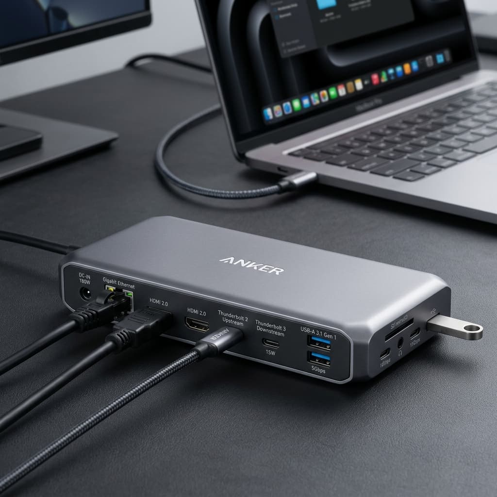 Anker multi-port USB-C docking station with aluminum housing — illustrative computer accessories photograph