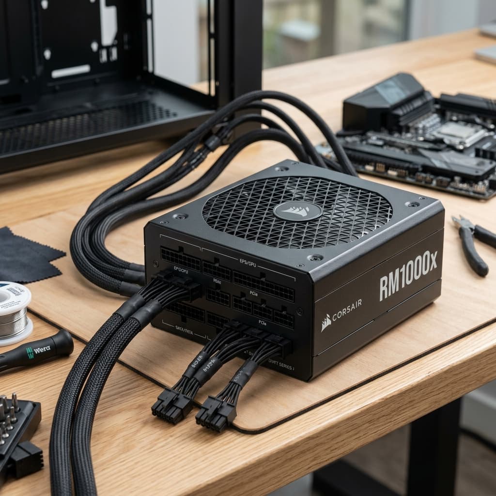Corsair modular ATX power supply module with cables — illustrative PC component photograph