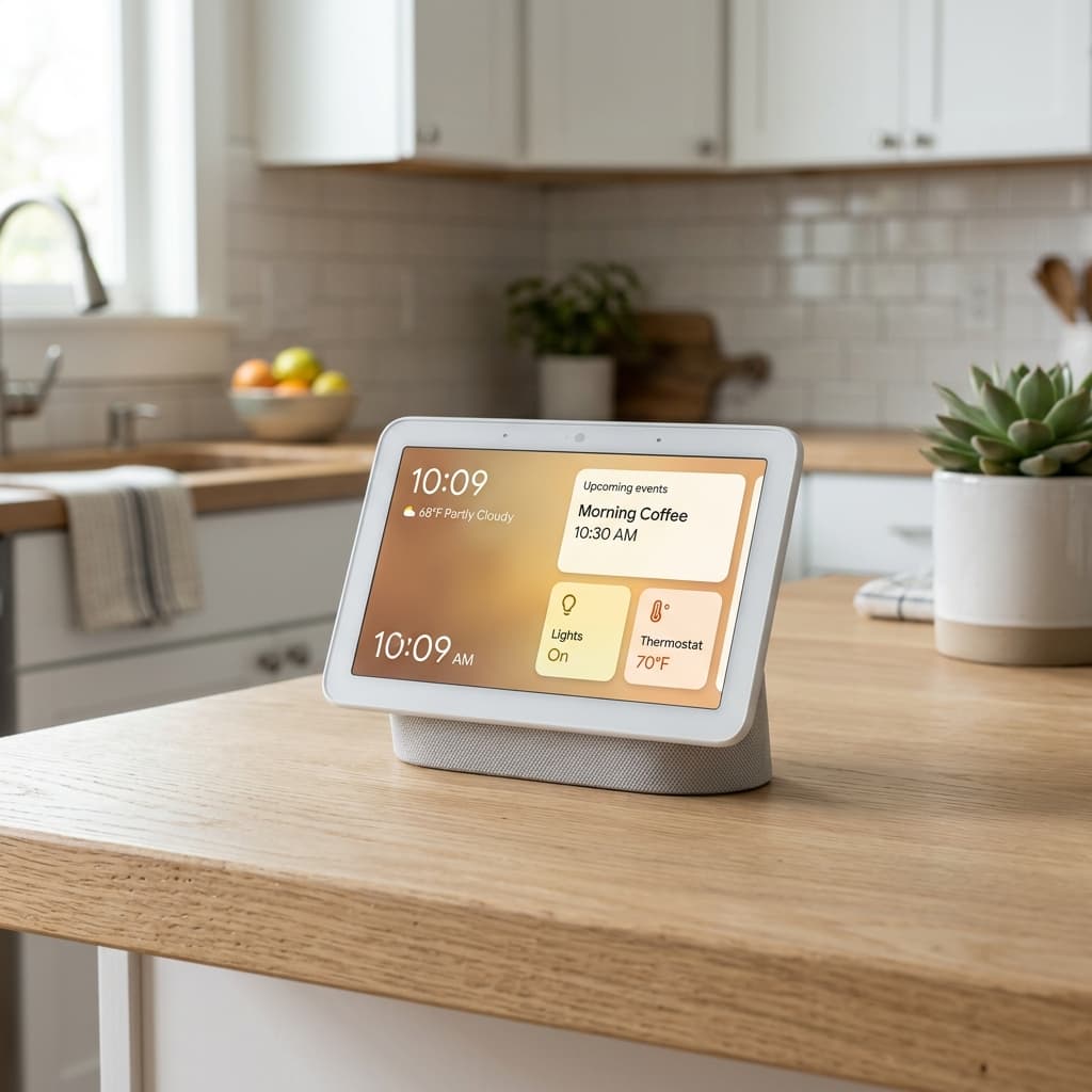 Google Nest Hub smart home display on a wooden countertop — illustrative smart home photograph