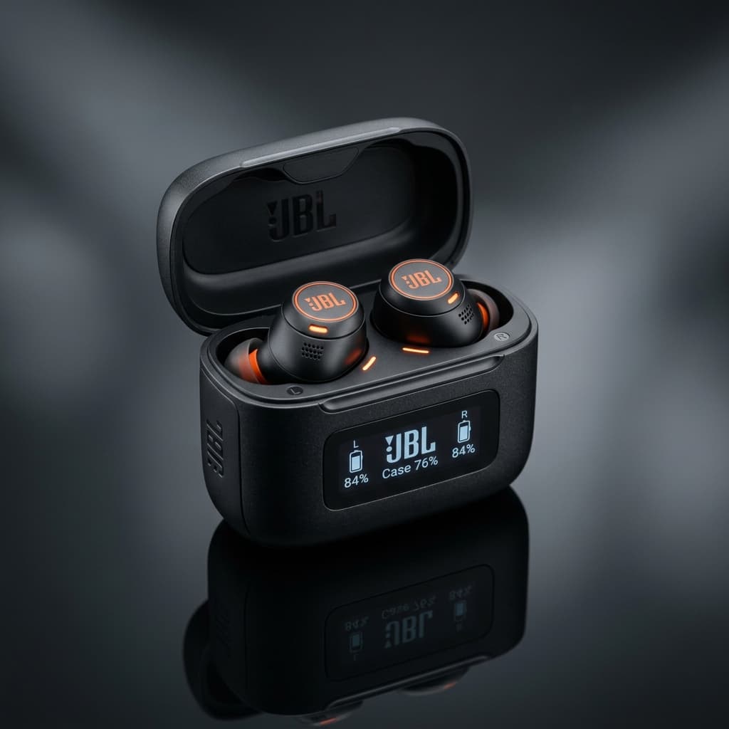 JBL true wireless earbuds in open charging case — illustrative audio photograph