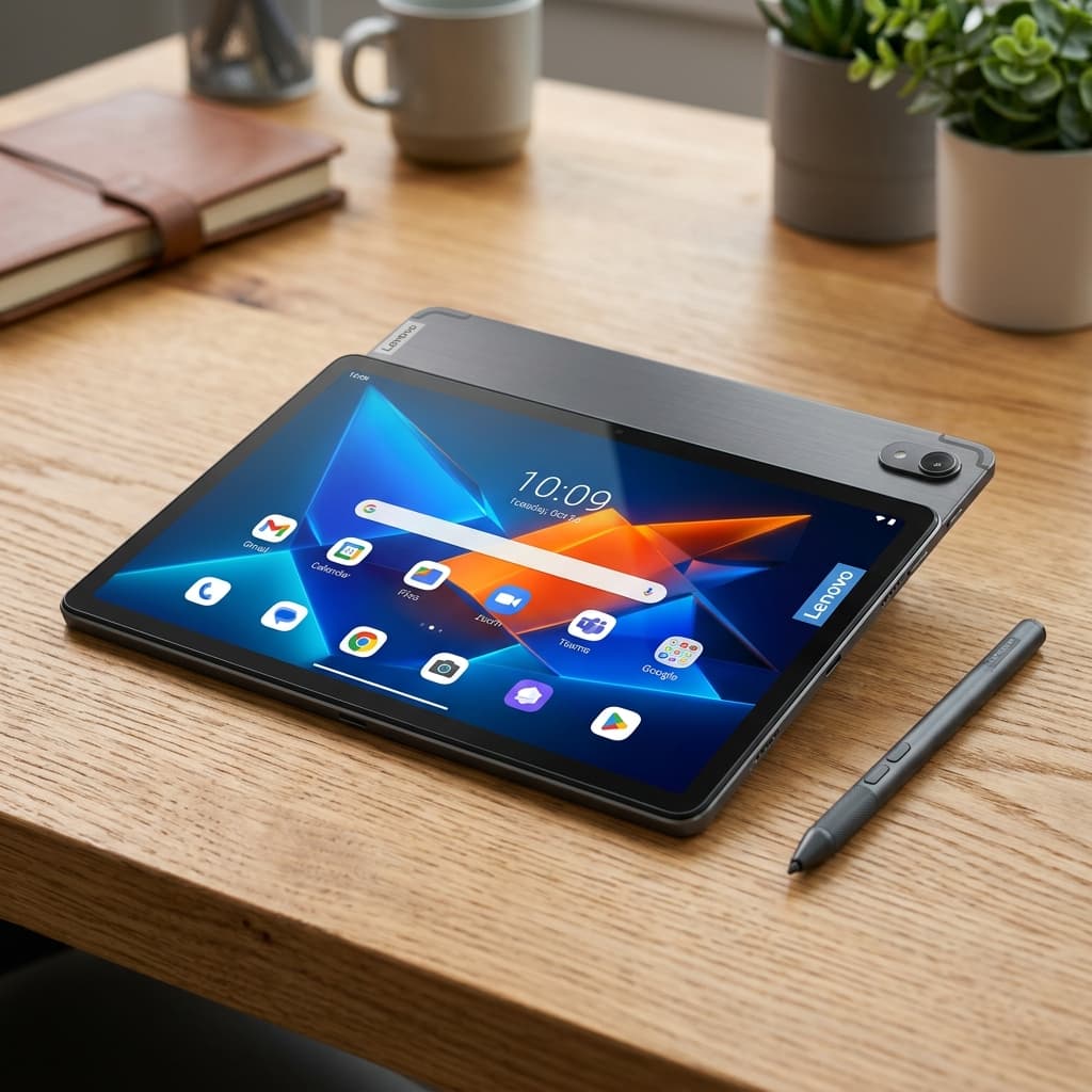 Lenovo 11-inch touchscreen tablet with stylus on a clean desk — illustrative Lenovo tablet photograph