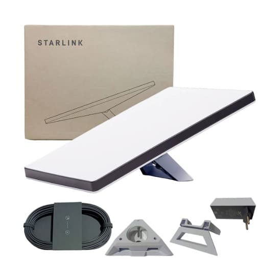Starlink hardware kit with antenna, stand, cable and power supply